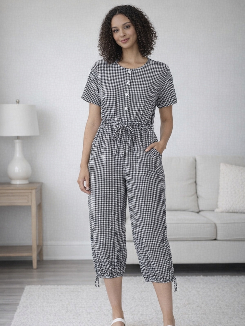 Gingham Short-Sleeve Jumpsuit in Navy and White